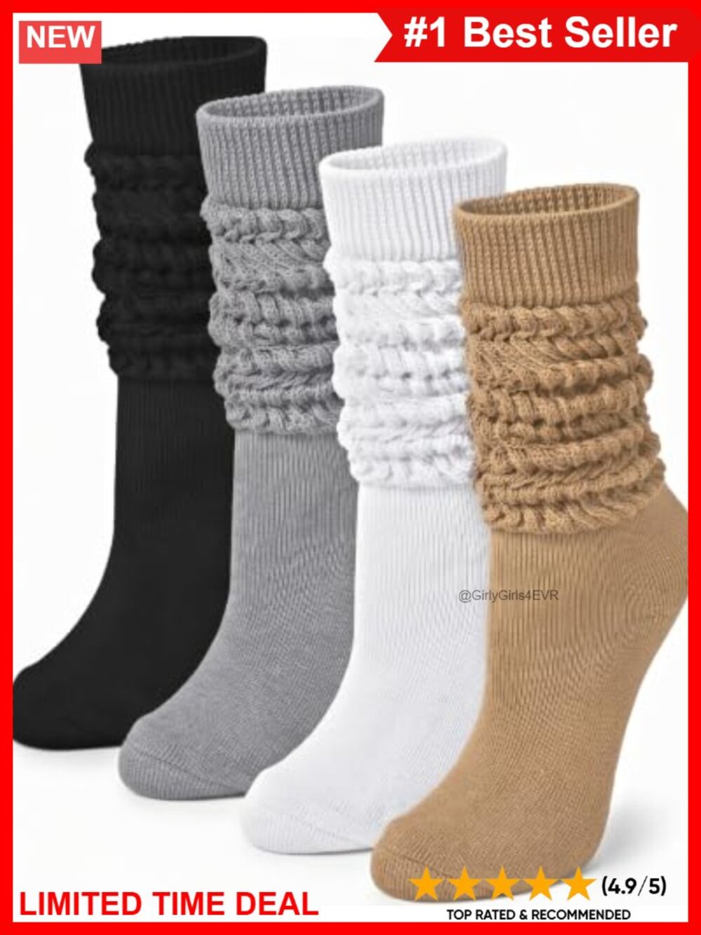 4 Pairs Slouchy Knee High Boot Socks Cotton Blend Women Retro Tube